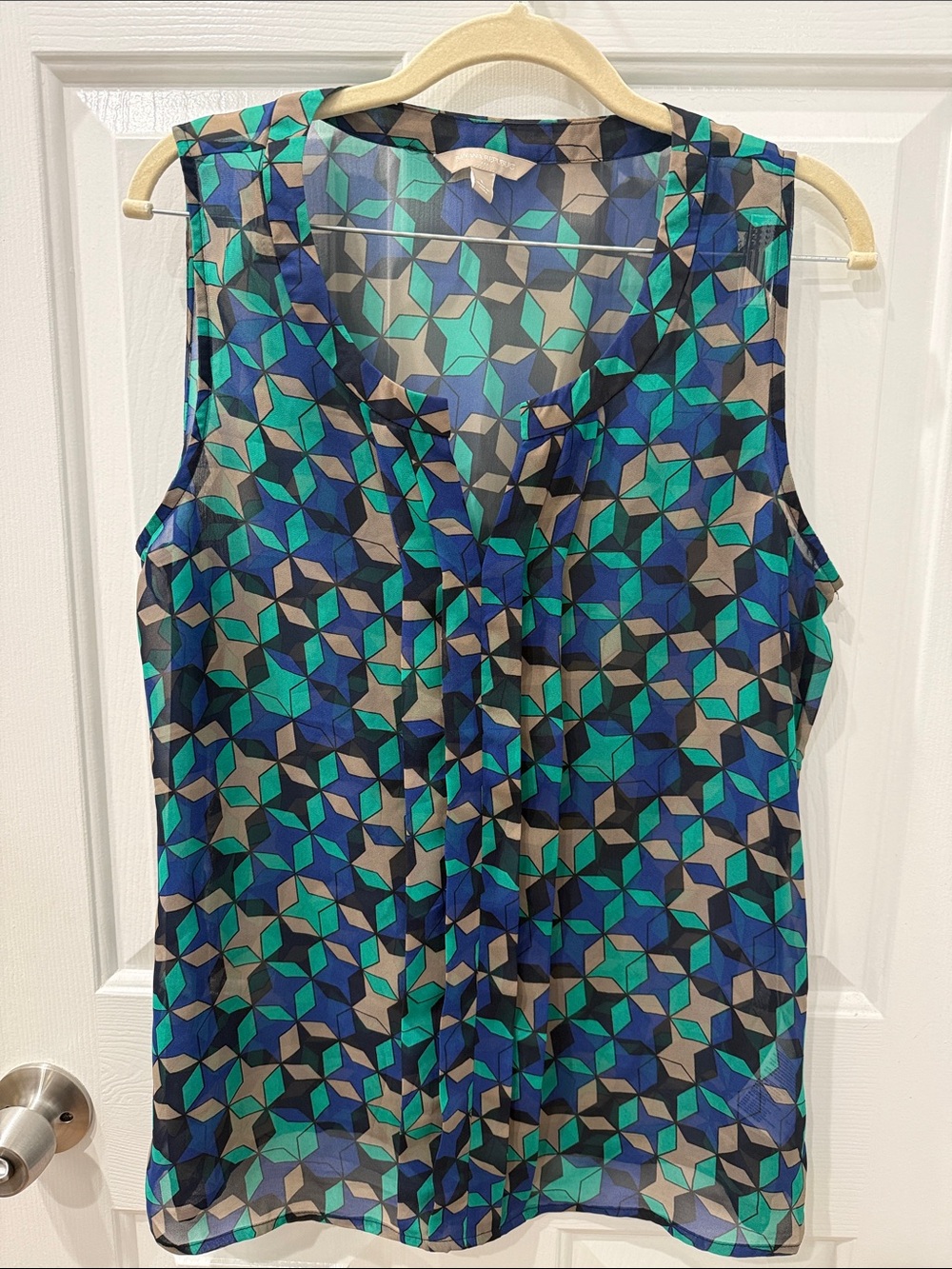 Banana Republic Sleeveless Geometric V-Neck Shell - Blue, Teal, Gray